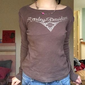 Long sleeve brown bedazzled Harley Davidson shirt